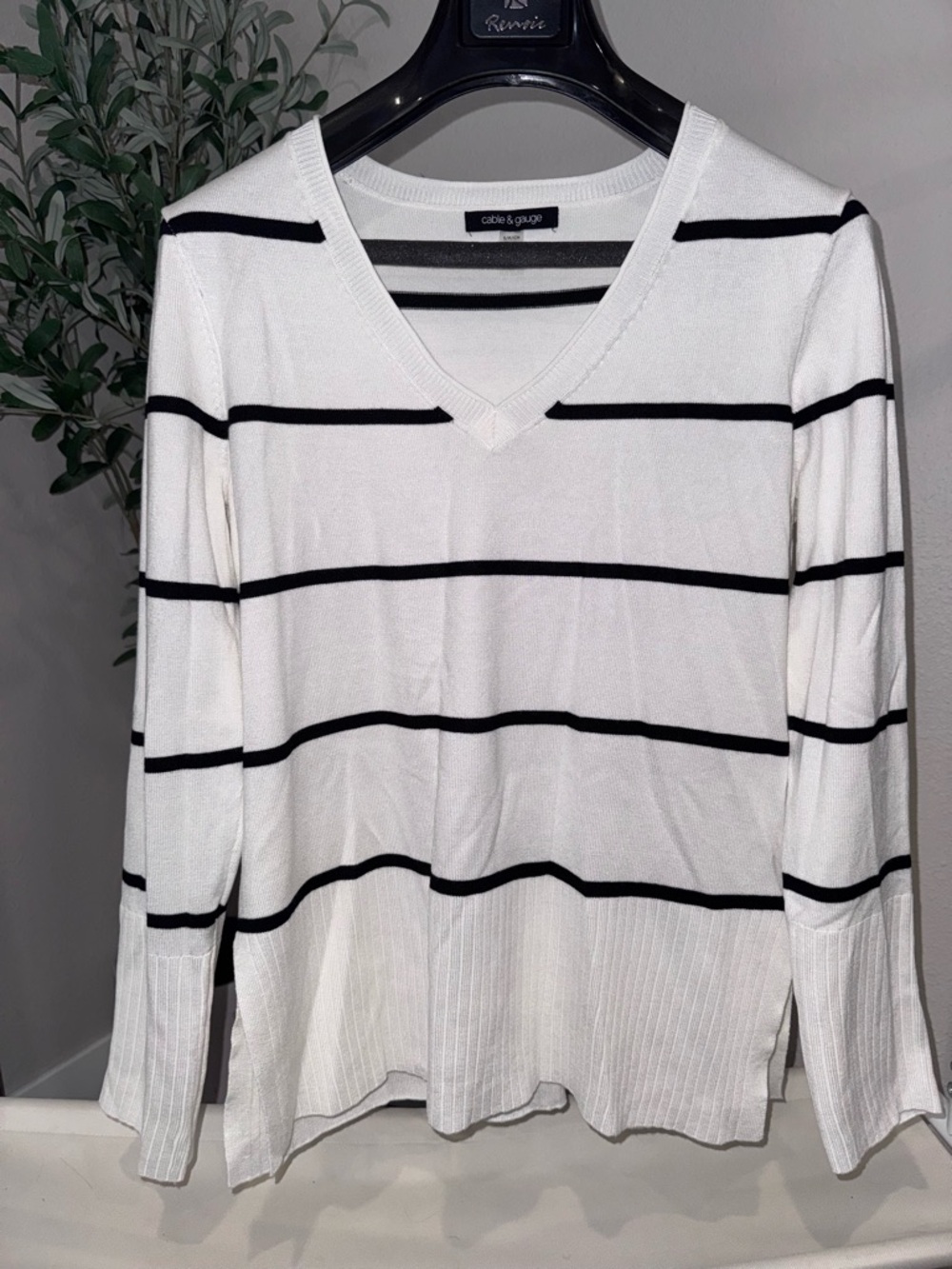 Cable & Gauge White Sweater with Black Stripes